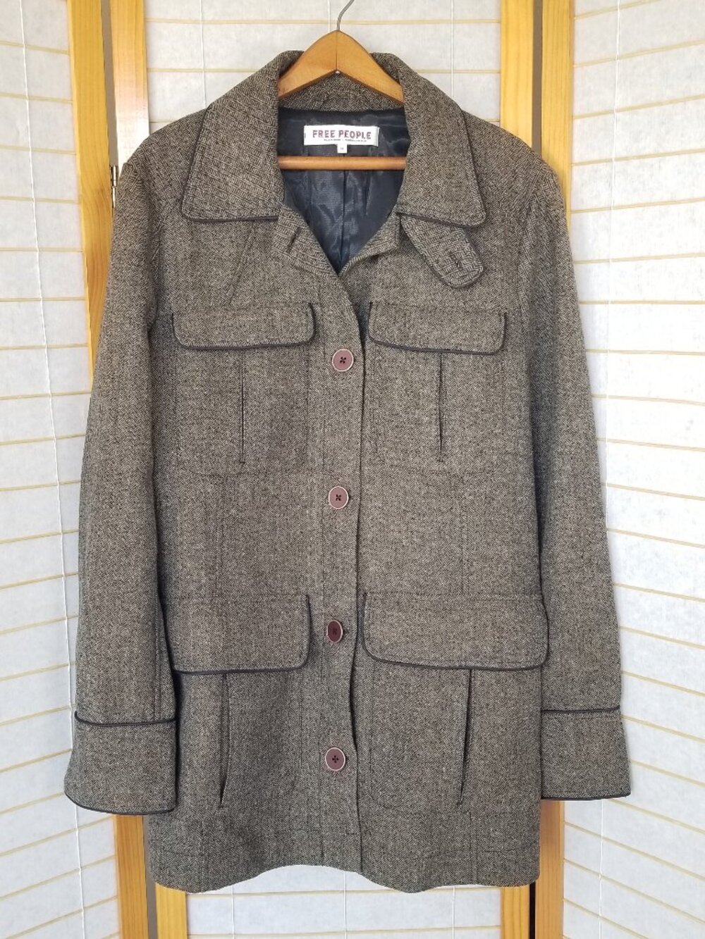 Free People Renaux Officer Jacket Espresso Wool Blend Herringbone Tweed XL